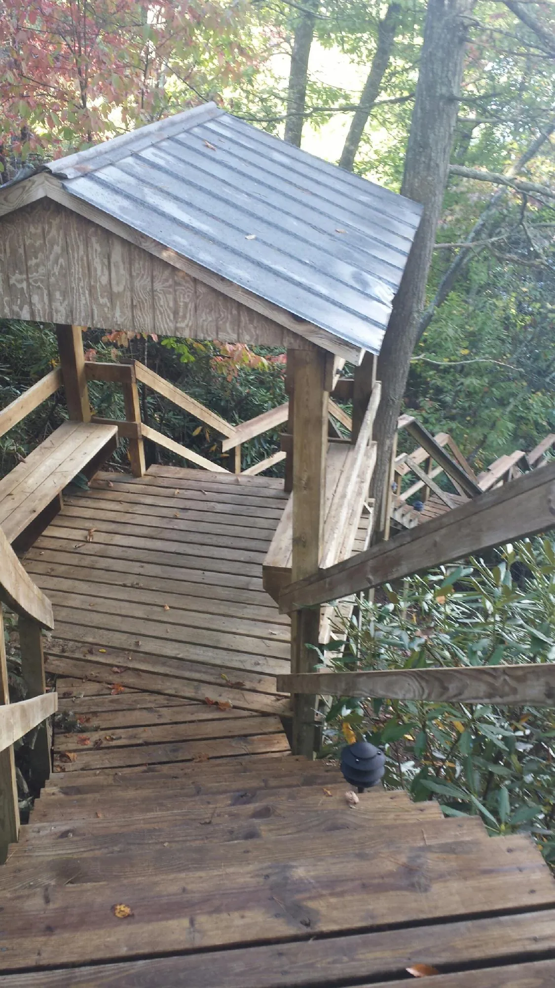 Metal roofed shelter over wooden steps on a wooded walkway — Skylight Repair & Installation work by our crew in Flemingsburg
